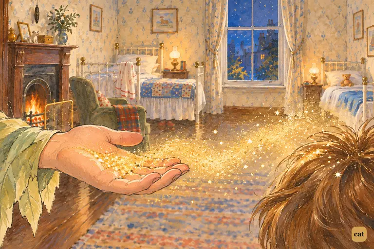 A boy's open palm releases golden fairy dust toward a child's bowed head in the nursery