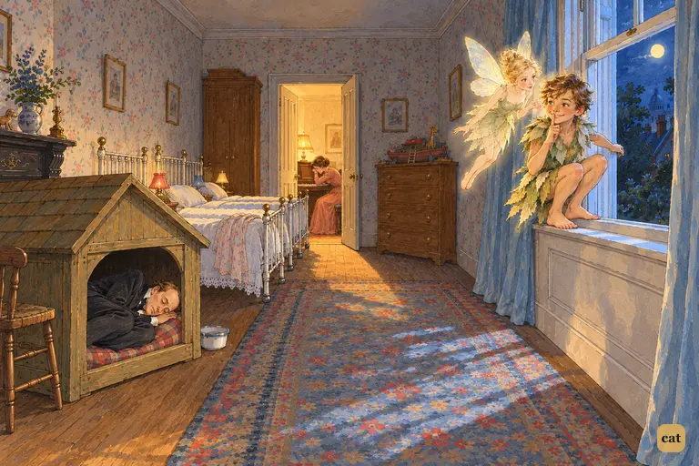 Peter crouches on the window sill, hushing Tinker Bell with a finger to his lips