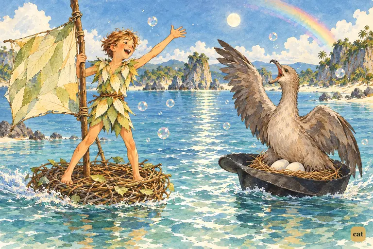 The boy on his nest and the Never bird on the hat drift apart, each crowing in triumph