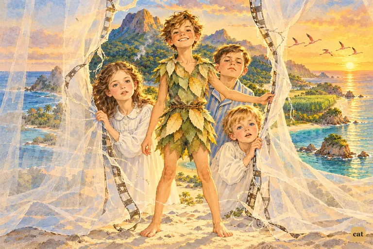 In Mrs. Darling's dream, a boy holds open a torn veil as three children peep at Neverland