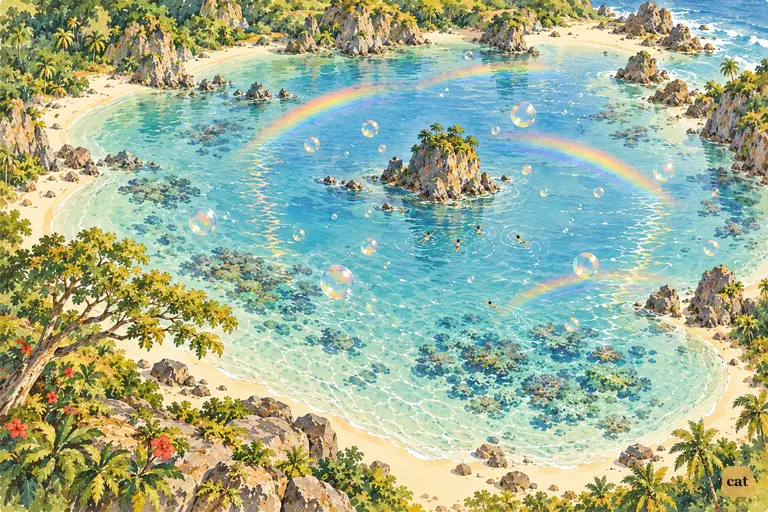A wordless bird's-eye view of the Mermaids' Lagoon on a sunny day after rain.