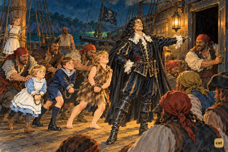 The captain points his hook at the cabin door; his crew shoves the chained boys toward it