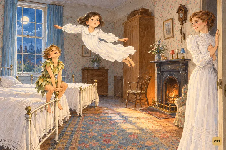 In the old nursery, Peter crows from the bed-post while Jane circles in solemn ecstasy.