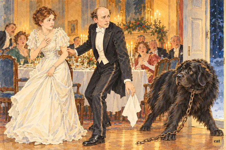The Darlings leap up at the dinner party as Nana, chain trailing, begs them to come home