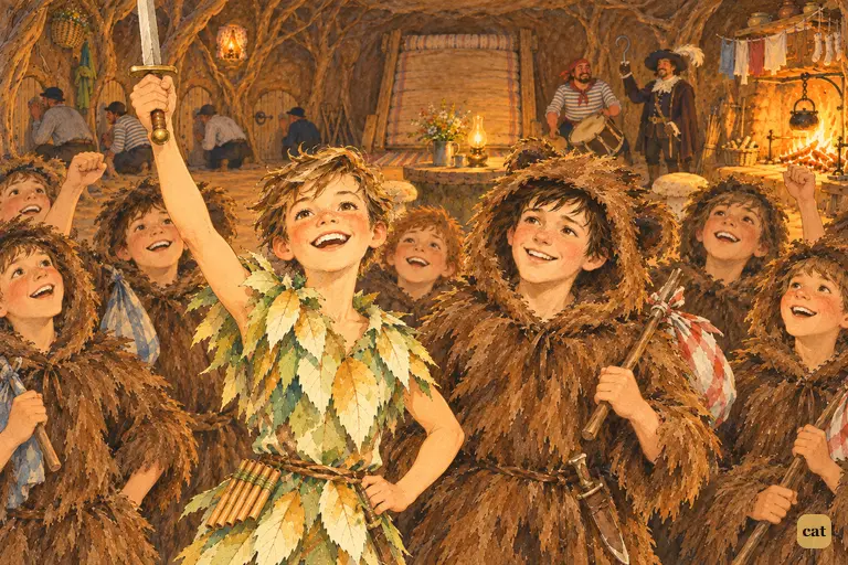 Below ground, Peter throws up his sword and cries victory as Tootles and the boys smile