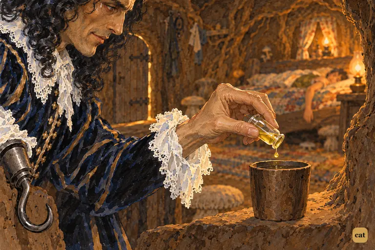 In the dark, a trembling hand tips a vial of poison over the medicine cup