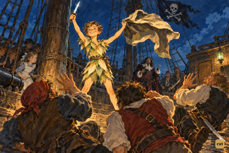 Peter flings off Wendy's cloak and raises his dagger as the pirates reel back