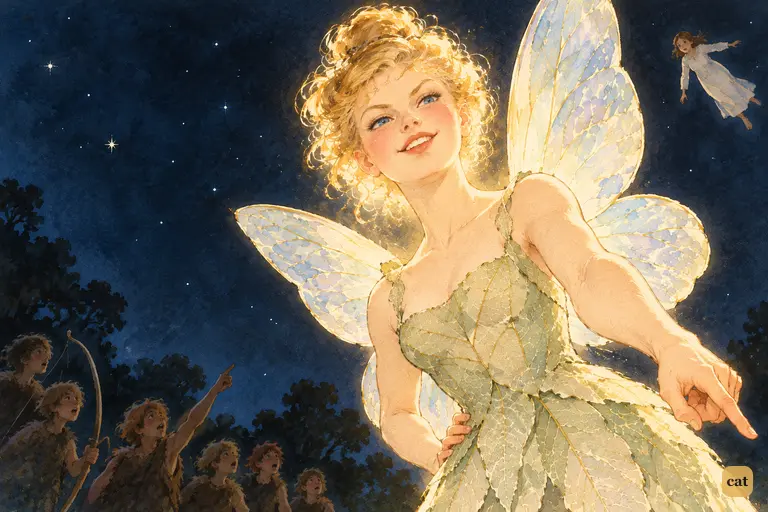 Tinker Bell points and calls a false order as the lost boys gape up from below