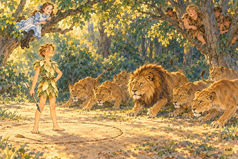 In a scratched ring, a barefoot boy stares down lions as two children watch from branches