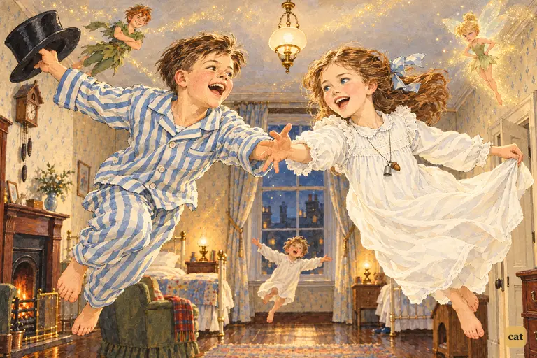 John and Wendy meet in mid-air in the night-nursery, laughing at their first flight