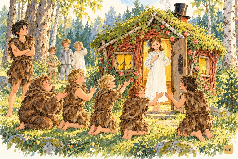 The kneeling lost boys beg Wendy to be their mother as Peter watches from the side