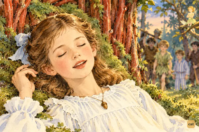 Asleep on the mossy glade, Wendy sings of her dream house as boys and a fairy listen