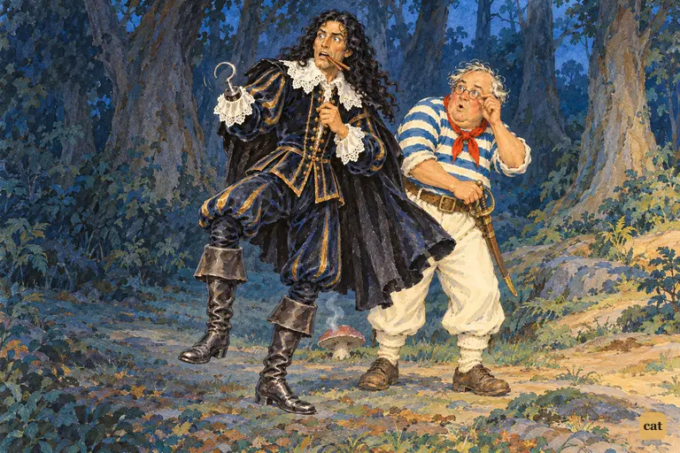 Captain Hook freezes mid-step, hook trembling, at the crocodile's tick from the glade