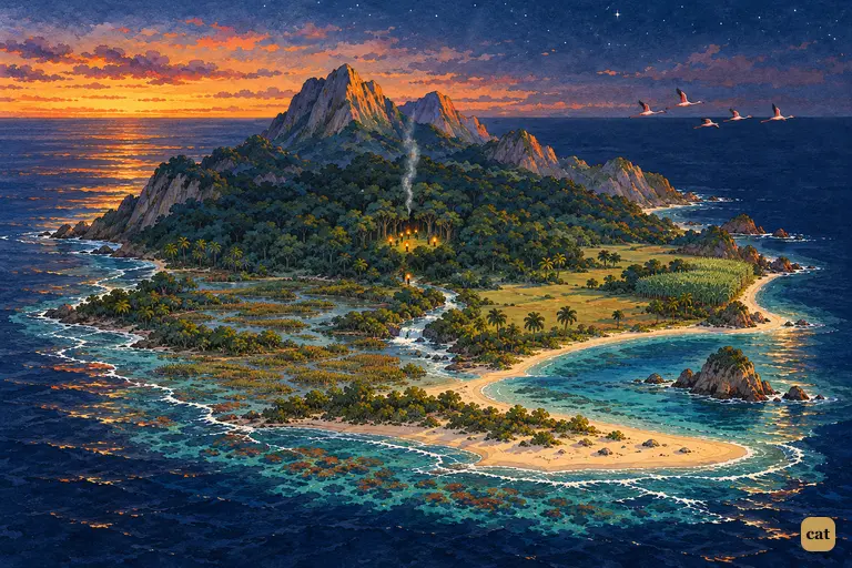 The Neverland from above at nightfall, pirate lanterns gathering round the hidden glade