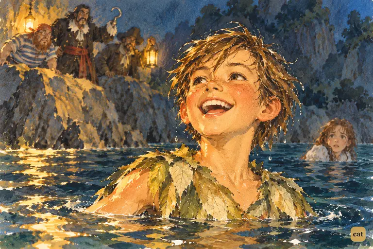 Treading water in the lagoon, Peter crows his name to the pirates on Marooners' Rock