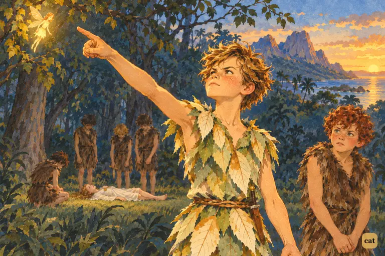 Peter stands rigid and cold-eyed, flinging his arm toward Tinker Bell to banish her