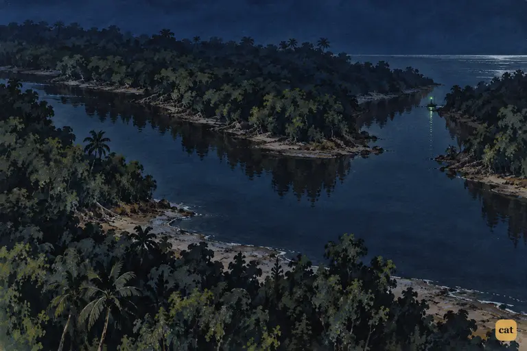 A silent black night over the pirate river's mouth, seen from high above.