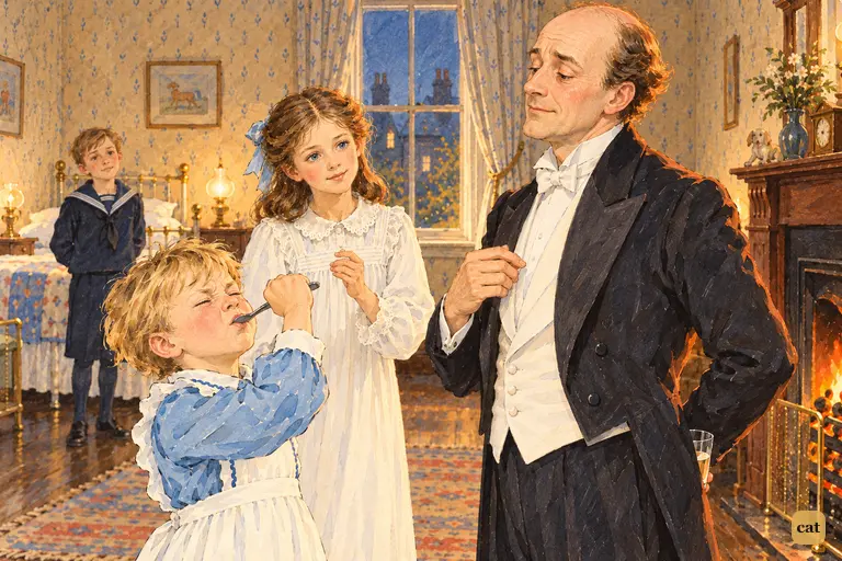 Michael gulps his medicine, eyes shut, as his father slides his own glass behind his hip