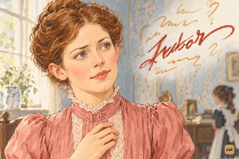 Mrs. Darling, puzzled, studies a cocky scrawled Peter among her children's thoughts