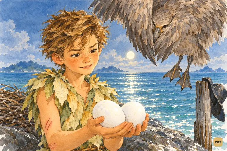 Peter cups the Never bird's two white eggs while the mother hovers above