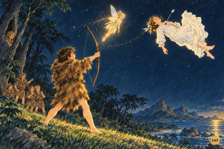 Tootles holds his bow raised as Wendy, struck by his arrow, tumbles down in her nightgown