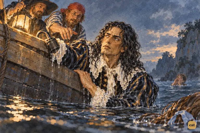 Captain Hook hauls himself dripping up the dinghy's side, his hook over the gunwale