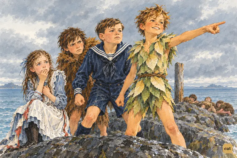 On the grey rock, Peter stands rigid with a thin fixed smile, pointing at the water