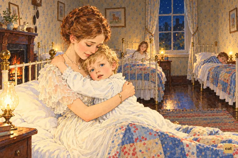 In the dim night-nursery, Michael hugs his mother and tells her he is glad of her