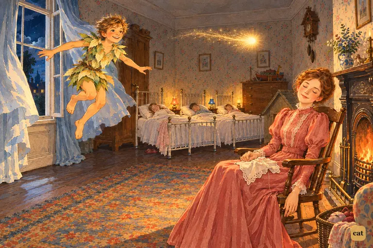 Wind throws the nursery window open; a barefoot boy drops in, led by a spark of light