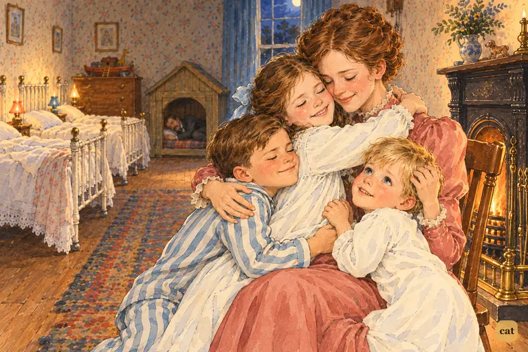 Mrs. Darling hugs Wendy, John and Michael by the fire as Mr. Darling sleeps in his kennel