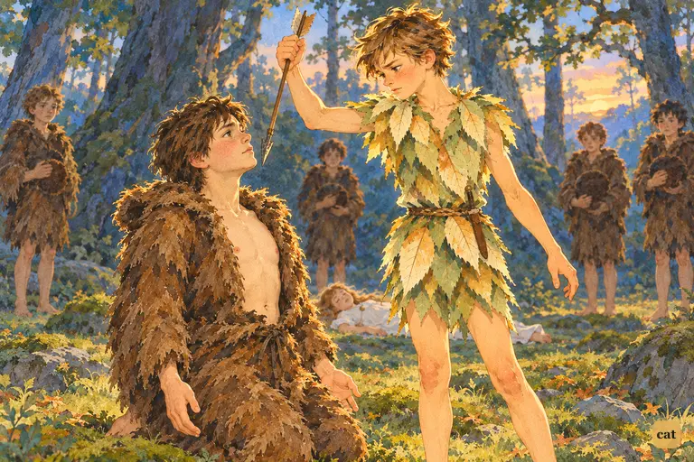 Peter holds the arrow like a dagger over kneeling Tootles, who bares his chest
