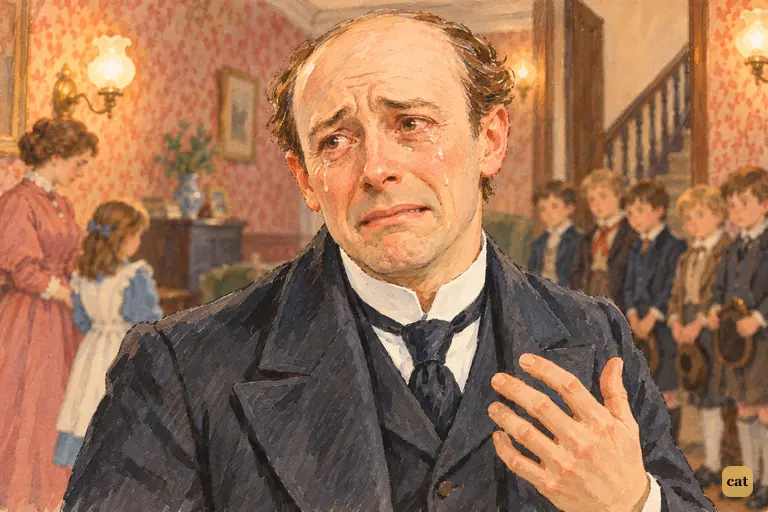 Mr. Darling's pompous grudge dissolves into tears as he admits he wanted to be asked.
