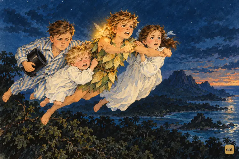 Over the black island, the children huddle against a boy pounding the air with his fists