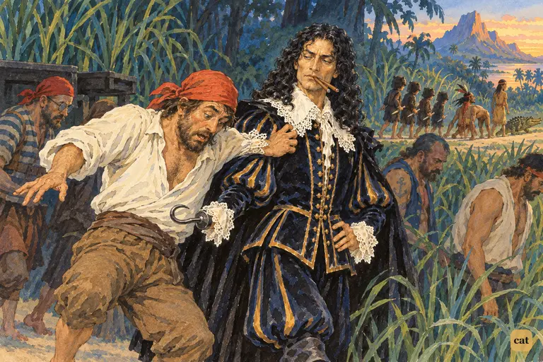 A clumsy pirate lurches into Captain Hook's collar as the iron hook turns toward him