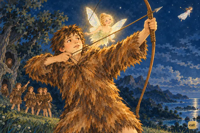Tootles eagerly draws his bow, urged on by Tinker Bell glowing at his shoulder