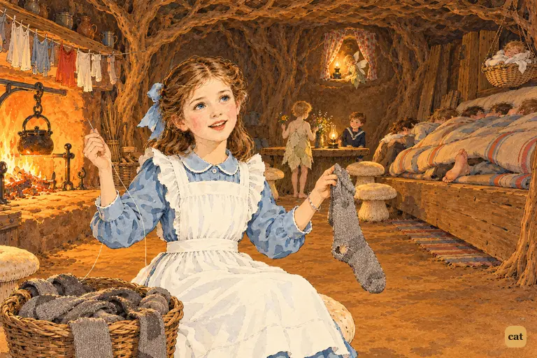 Late at night, Wendy flings up her arms over a basket of holed stockings, beaming