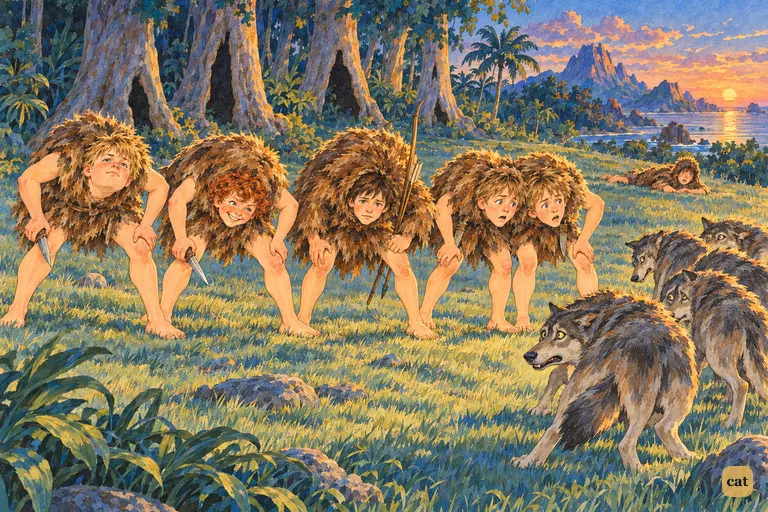 Five lost boys advance bent double, staring between their knees, as wolves back away