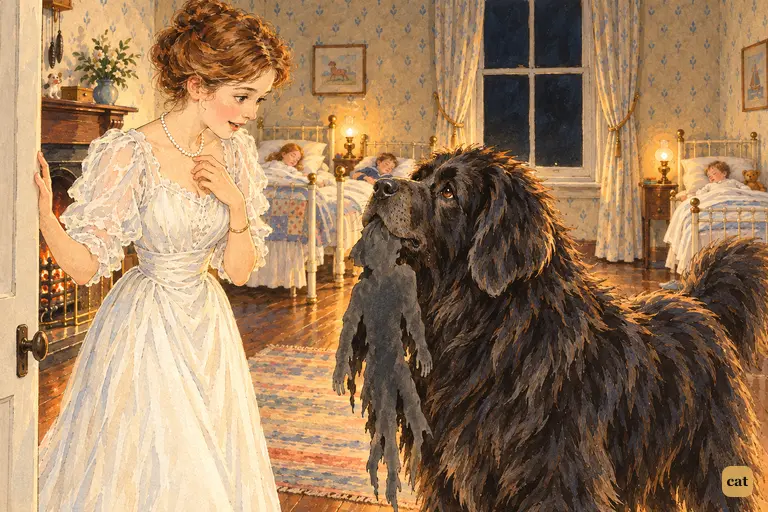 Nana proudly holds the boy's torn-off shadow in her jaws as Mrs. Darling stares