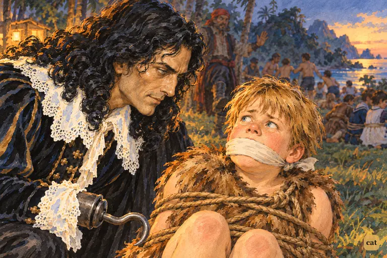 At dusk, Captain Hook looks down in cold triumph at the trussed, gagged Slightly