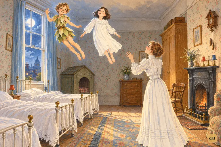 Peter says good-bye and rises toward the open window, Jane floating up beside him