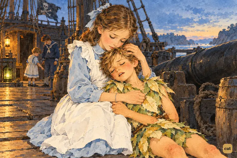 Worn out, Peter sleeps against Long Tom, sobbing in a dream as Wendy holds him close