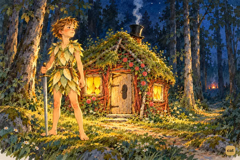 The little house glows among dark trunks as Peter stands guard with a drawn sword