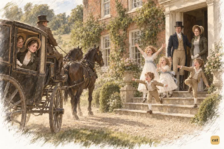The Gardiner children caper on Longbourn’s steps as the travelling chaise arrives.