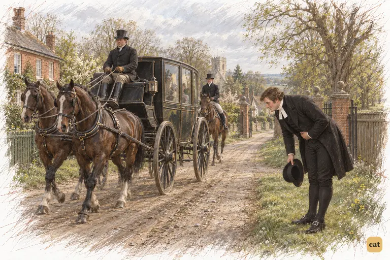Mr. Collins bows deeply beside the lodge gates as the gentlemen’s carriage rolls into Hunsford Lane.