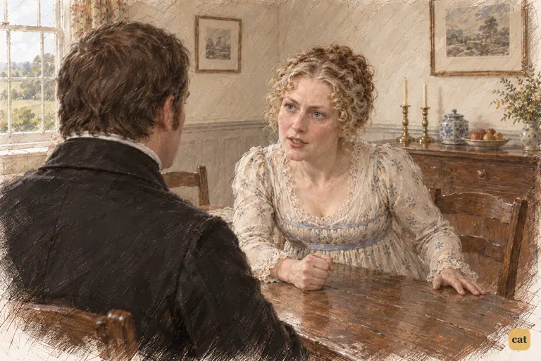 Mrs. Bennet plants her fist on the mahogany table, promising to make Elizabeth accept