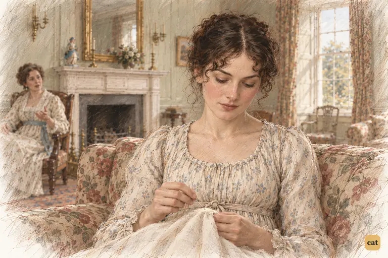 Elizabeth bends over her needlework, containing her concern for Jane in a quiet domestic gesture.