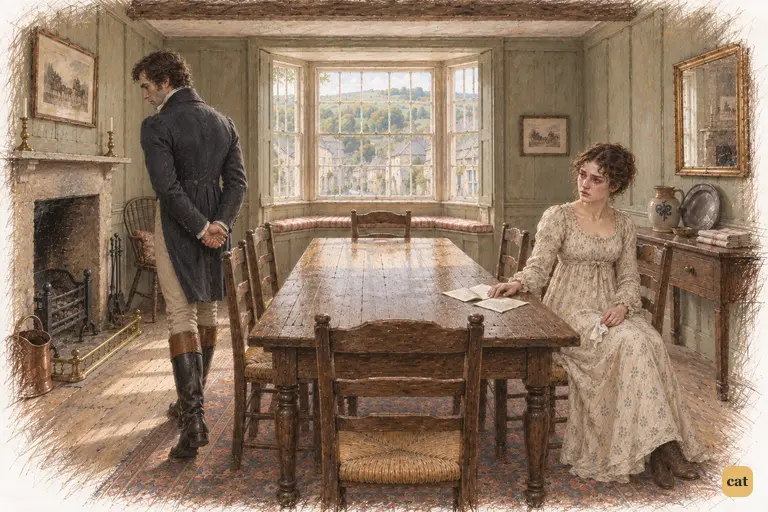 Darcy paces away in gloomy meditation while Elizabeth watches from across the table.