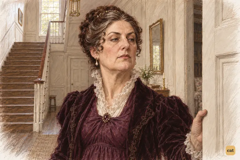 Lady Catherine pauses at Longbourn's drawing-room door, appraising the furnishings