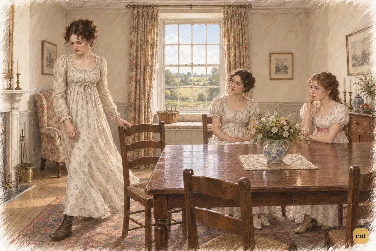Elizabeth leaves the conversation before curiosity can overcome her promise of silence.