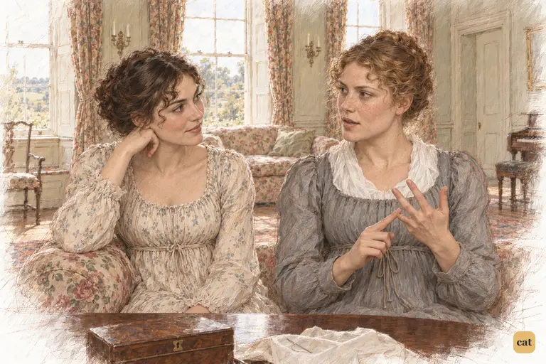 Charlotte calmly counts out Darcy’s advantages while Elizabeth listens with a sceptical half-smile.